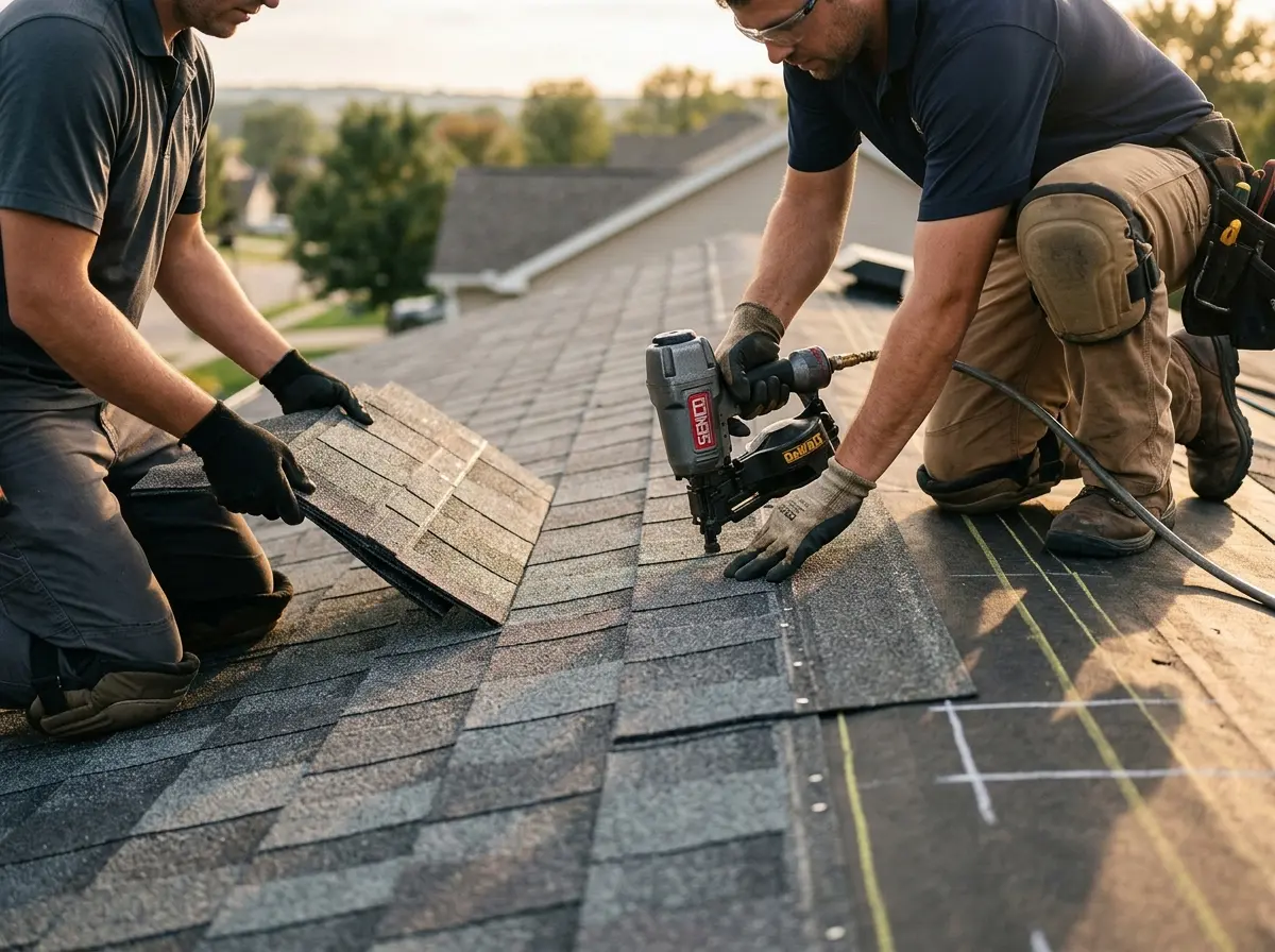 Professional roofer working on a residential roof in Marion